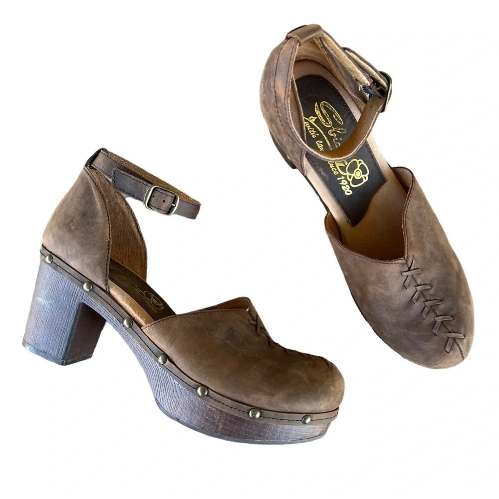 Sbicca Donerail Leather Studded Platform Clog Sandal Brown Size 10 Ankle Strap
